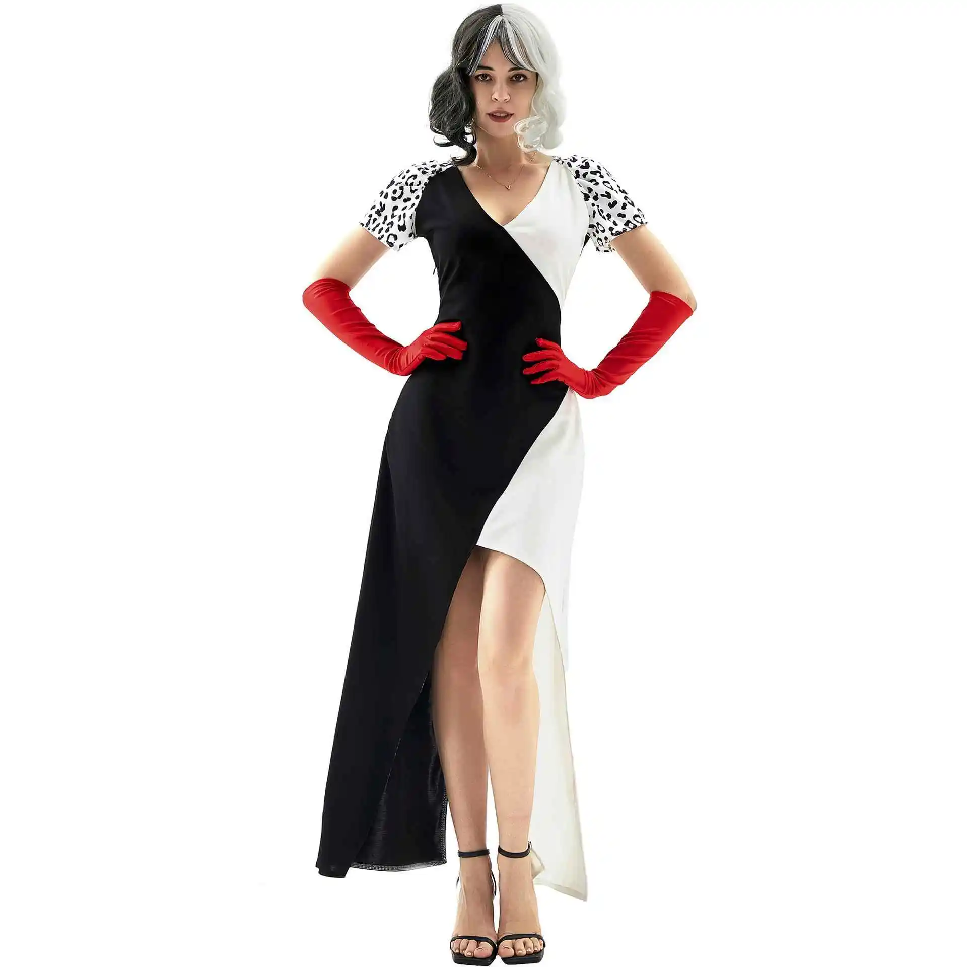 

Kuira Spotted Dog Dress Black And White Clown Pattern Women's Ethnic Costume Stage Performance Clothing Autumn