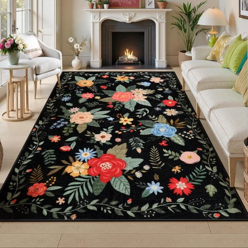 Boho Floral Style Carpets for Living Room Colorful Flowers Bedroom Decor Carpet Fluffy Soft Bedside Rug Home Thicken Plush Mat