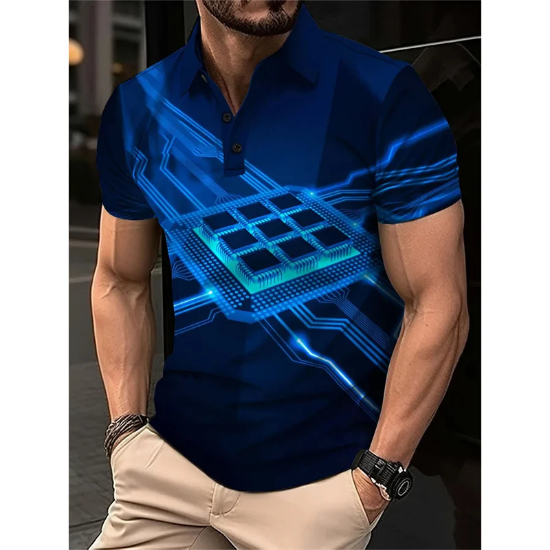 Circuit Board Pattern Polo Shirt For Men Luminescence 3D Printed Tees Summer Short Sleeve T-Shirts Loose Breathable Lapel Tops