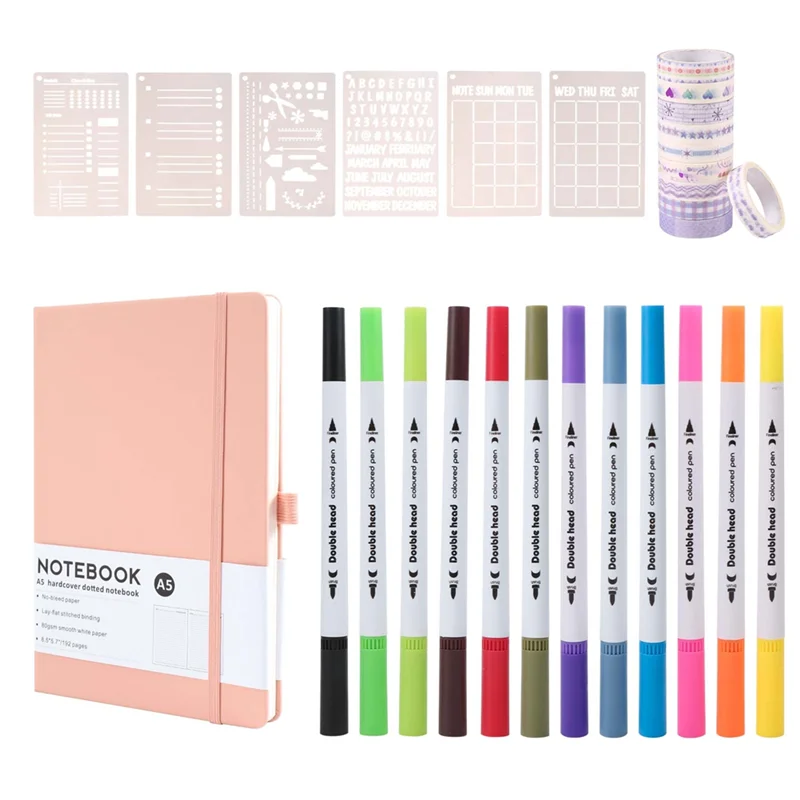 HJ-Dotted Journal Kit,A5 Hardcover Dotted Journal Notebook Numbered Pages,Dotted Journaling Kit For Beginner