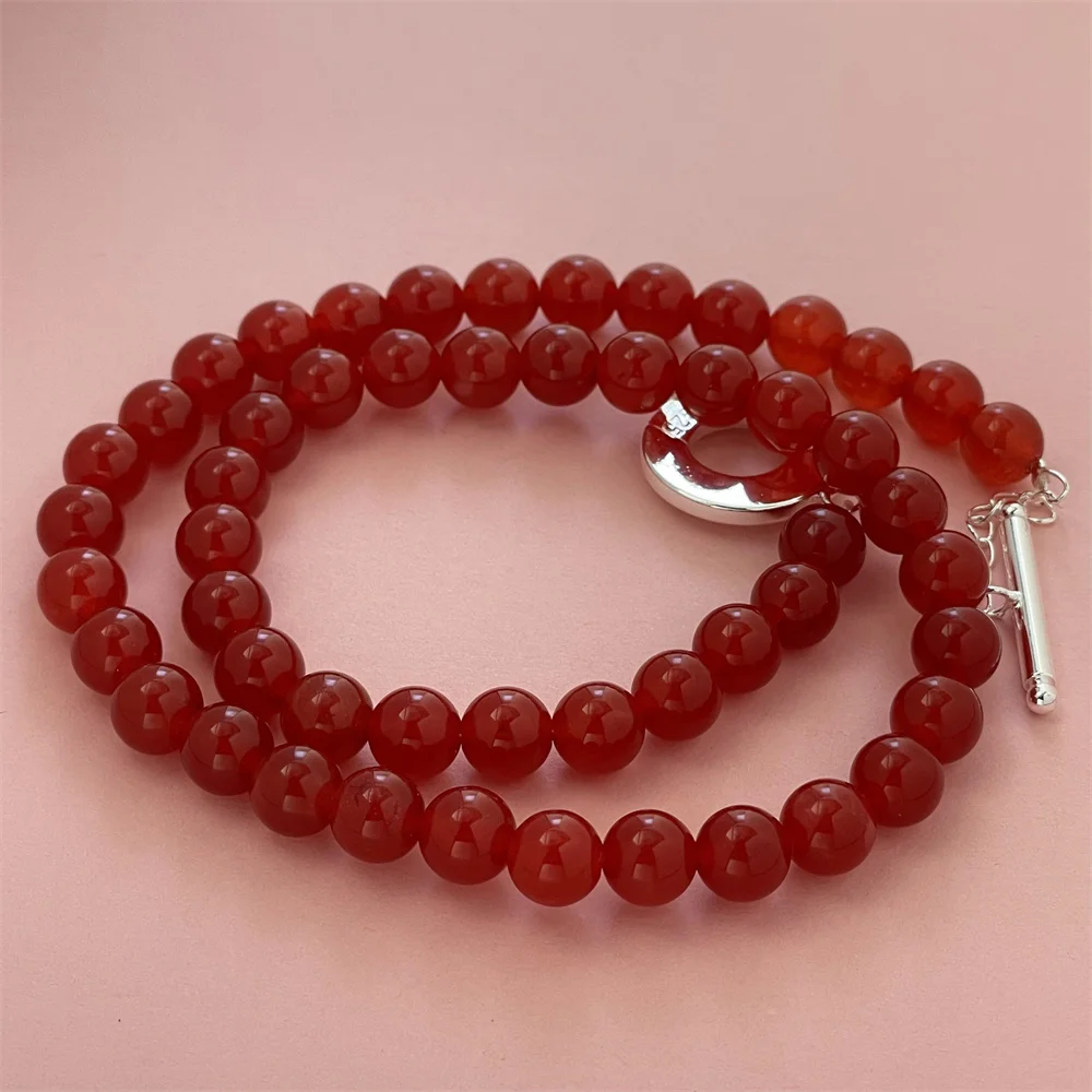 925 Silver Red Agate Bead Necklace To Clasp, Suitable For Women's Daily Wear