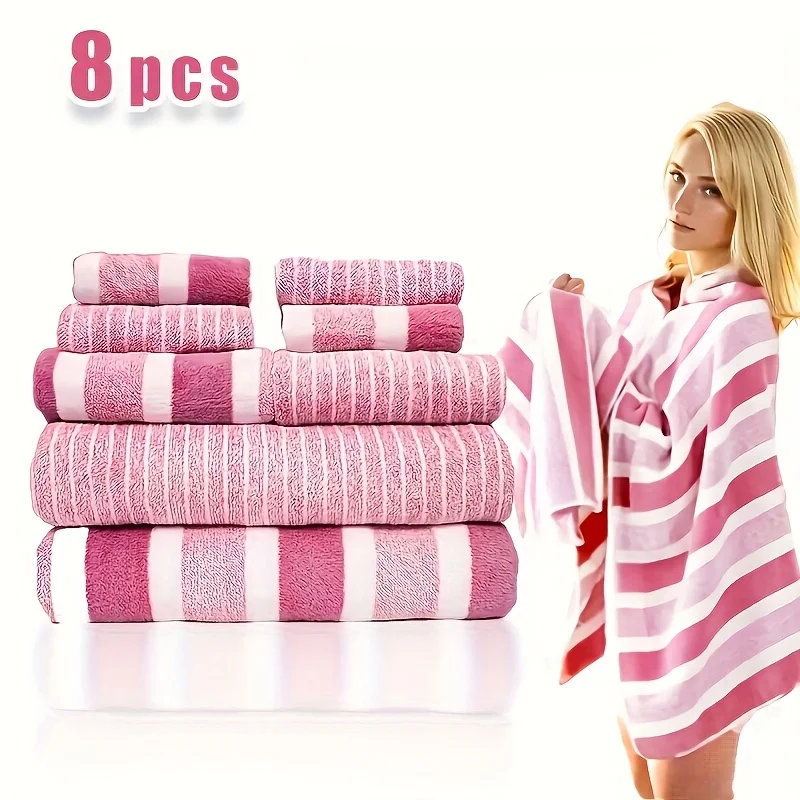 8pcs Non-Shedding Super Absorbent Ultra-Soft Five-Star Hotel Standard Dual-Tone Striped Bath Towel Set