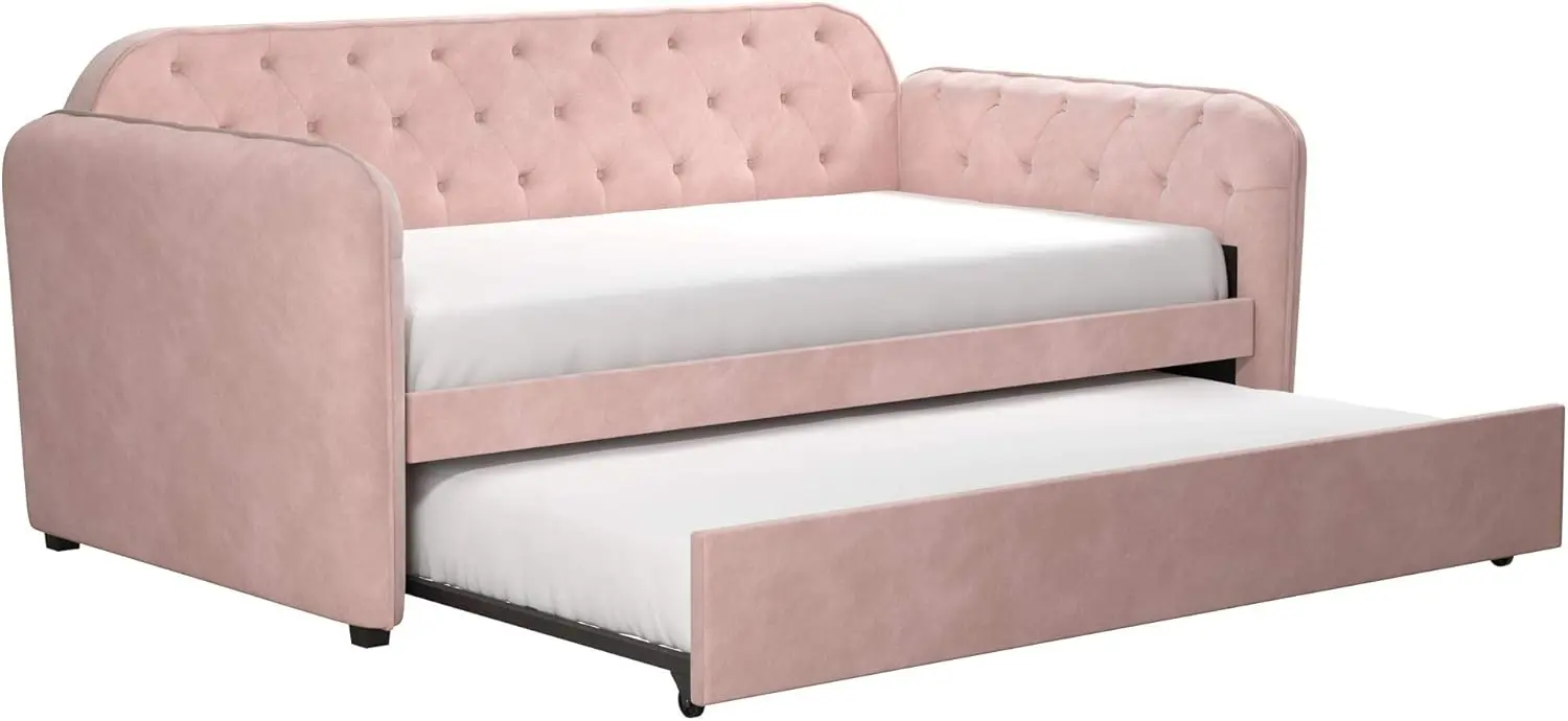 Novogratz Tallulah Tufted Daybed and Trundle, Classic Vintage Design, Twin Size - Pink Velvet