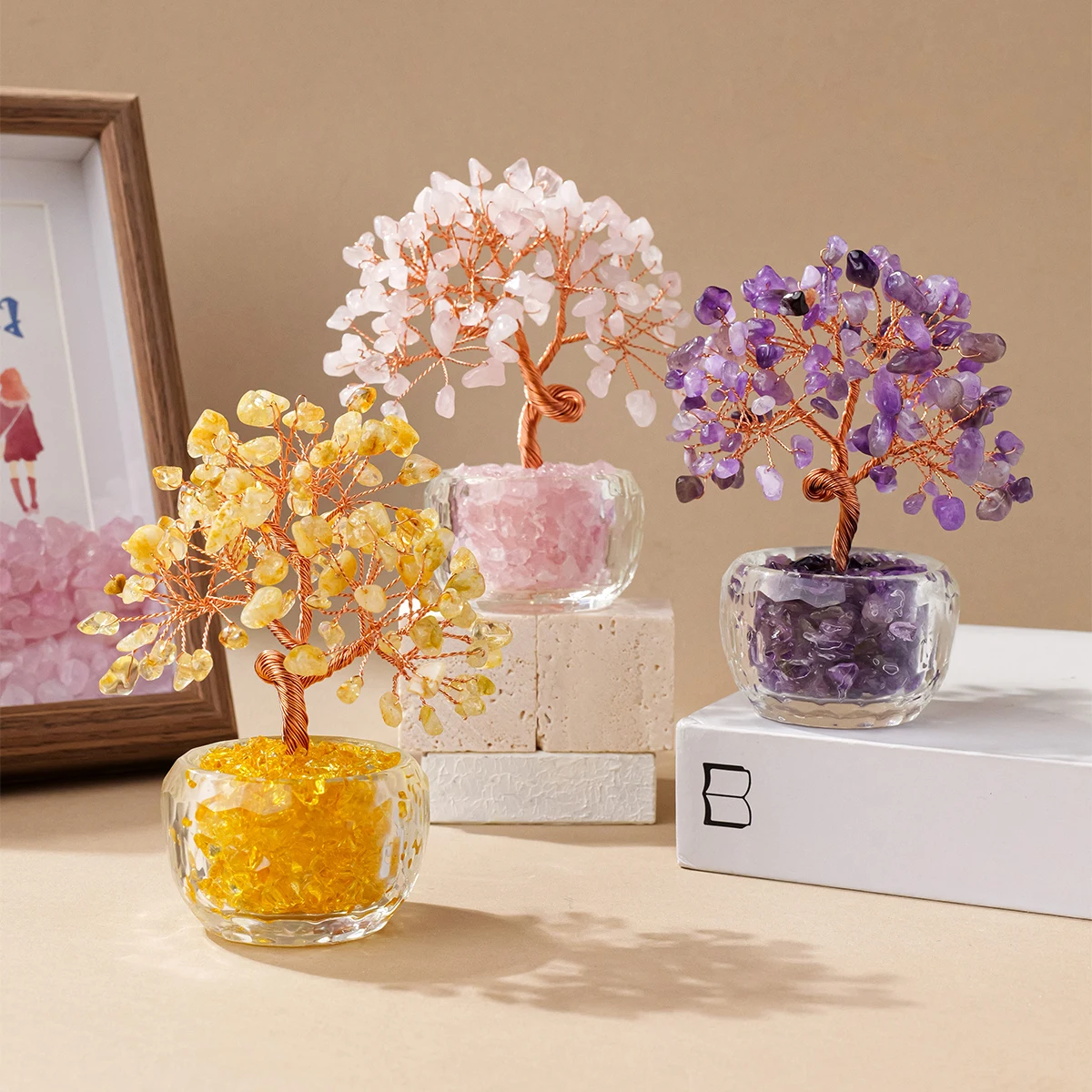 Natural Crystal Money Tree Ornament Feng Shui Wealth Tree with Gemstone Abundance Bowl for Home Office Decoration