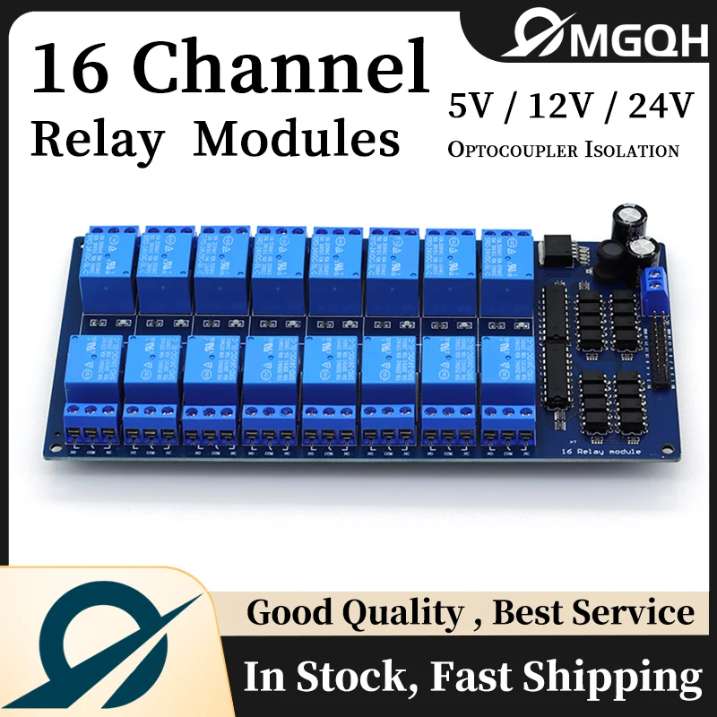 16 Channel Relay Shield Module DC 5V 12V 24V with Optocoupler LM2576 Microcontrollers Interface Power Relay For Arduino DIY Kit