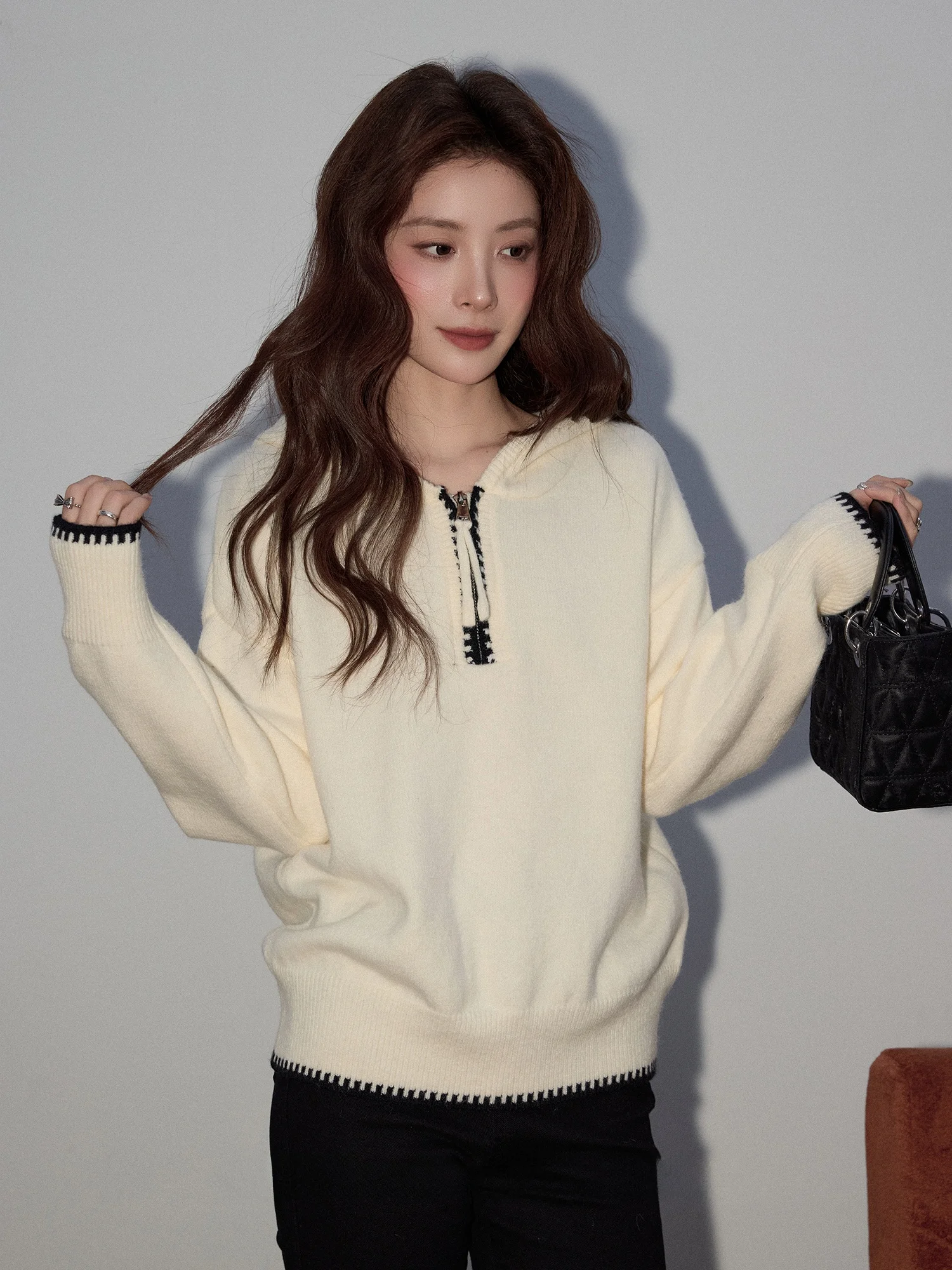 

Loose Women's Knitted Sweater with f Zipper Soft Cozy Lazy Sle Hat Design Autumn Winter New Arrival Casual Faion