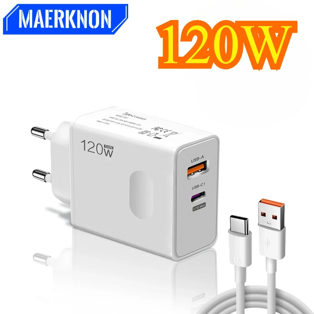 USB GaN Charger Total 120W Type C Fast Charging PD Mobile Phone Quick Charge Wall Adapter for IPhone 15 Pro Xiaomi 14 Samsung