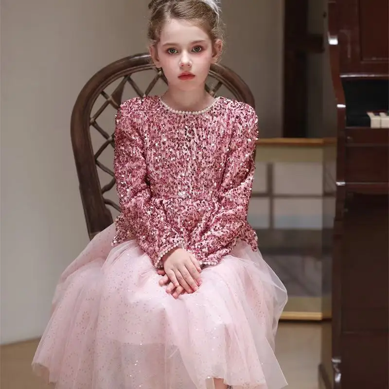 Girls Sequin Princess Dress Autumn Winter Sparkly Birthday Party Gown Elegant Puffy Tulle Kids Fairy Prom Dress 100-150CM