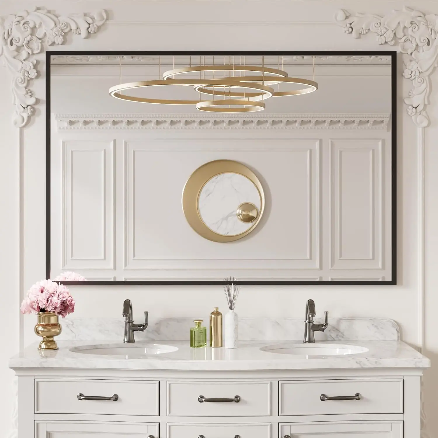 Dinding Cermin Kamar Mandi Persegi Panjang Hitam 60"X40", Bingkai Paduan Aluminium Hitam Matte, Kaca Tempered