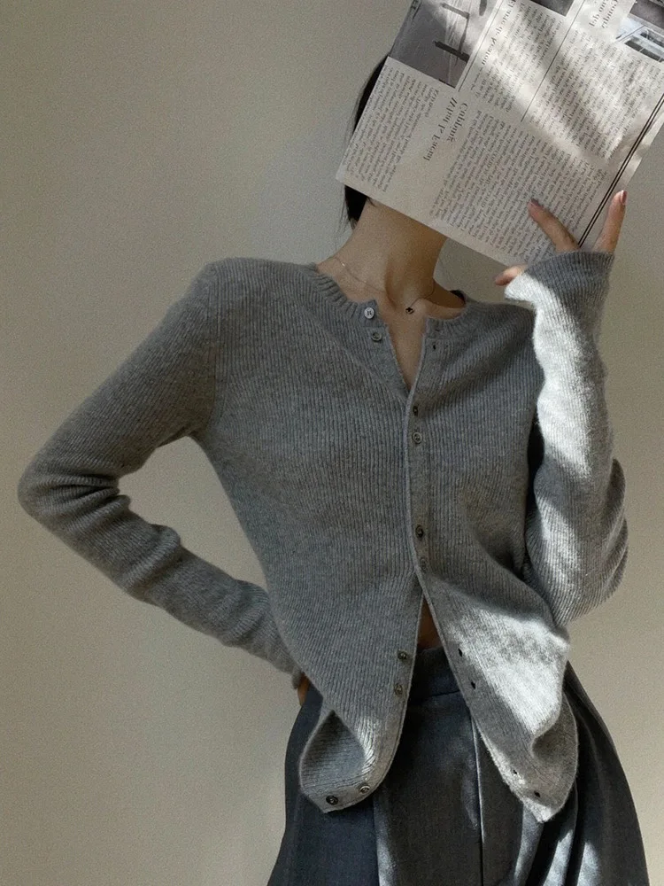 2023 Elegant Slim Fit Women\'s Cardigan Wool Sweater New Versatile Fashion Coat Classic Gray Sweater Comfortable All-Match