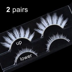 2 Pairs/cas 3D White Eyelashes Clear Band Snow Color Eye Lashes Cosplay Halloween Manga Lashes Makeup Up and Lower Bottom Lashes