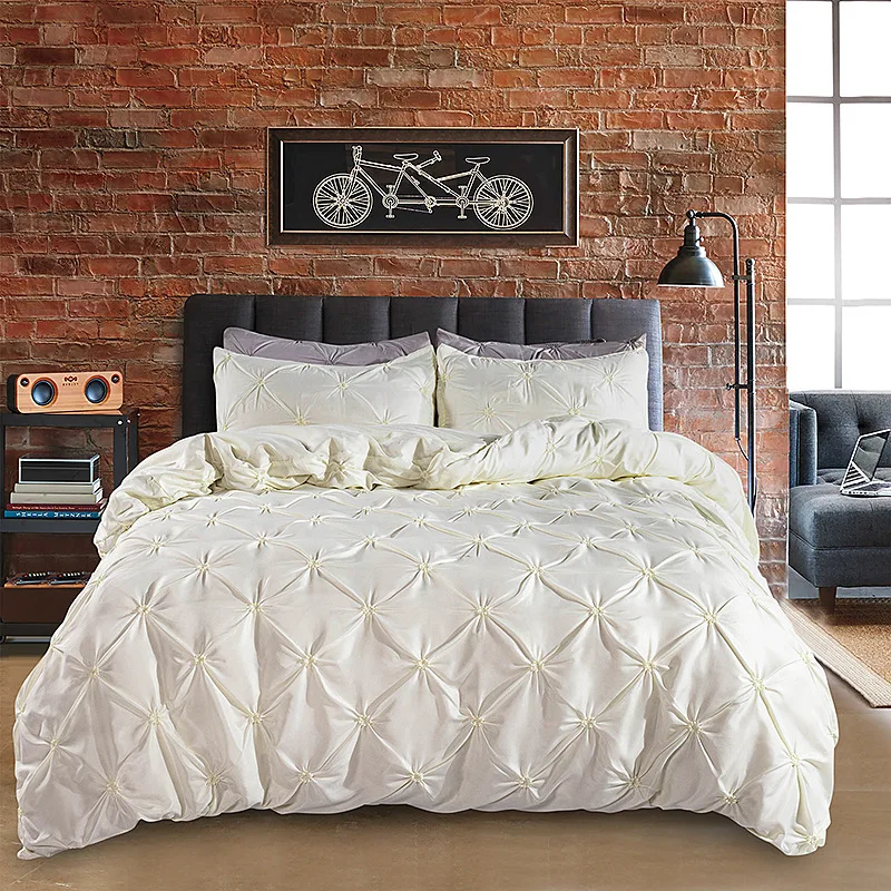

Pinch Pleat Duvet Cover Set Three Piece Bedding with Pillowcases Tufted Pintuck Bed Linens Soft Washed Cotton Queen King Comfort