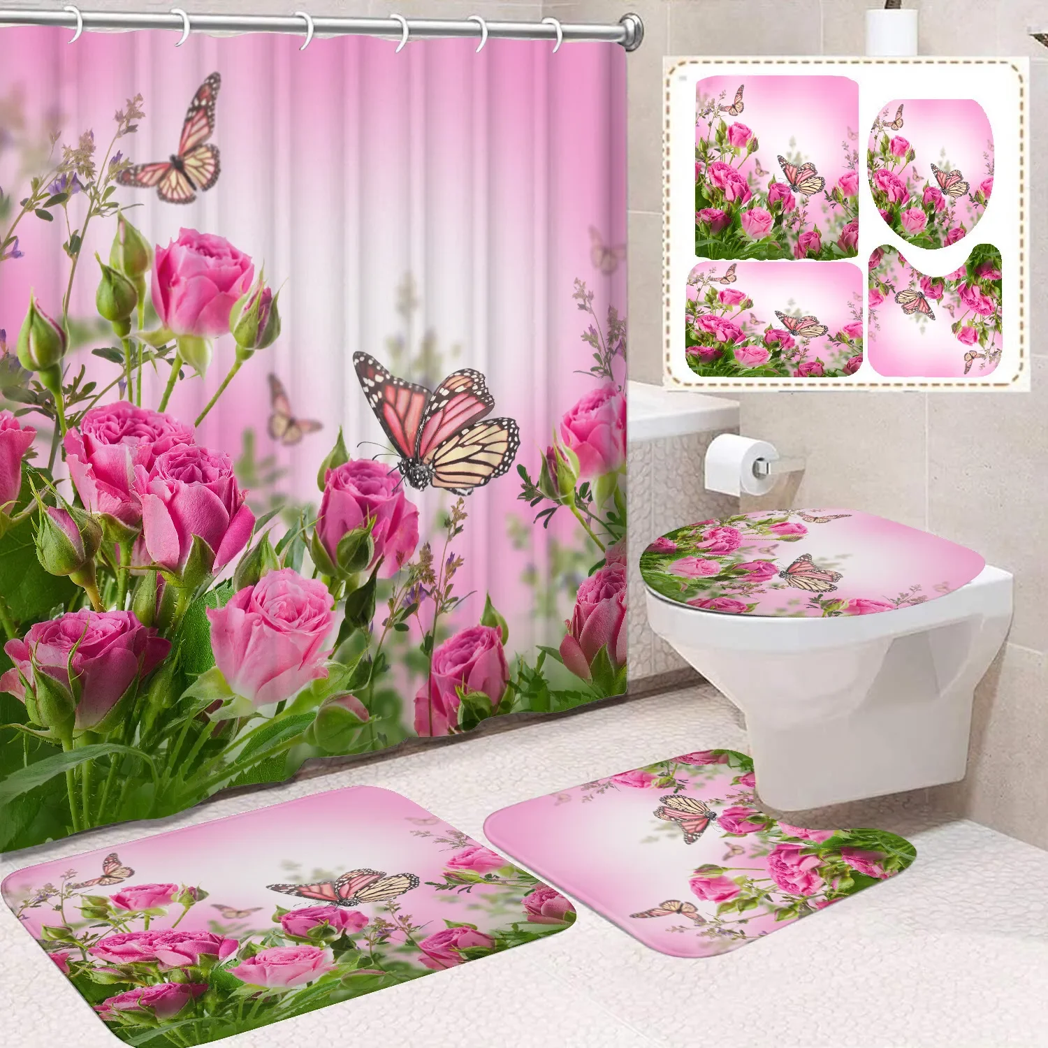 4 Pcs Orchid Butterfly Shower Curtain Set Waterproof Fabric Bath Curtain Floral Non-Slip Bath Mat Toilet Lid Cover Decor