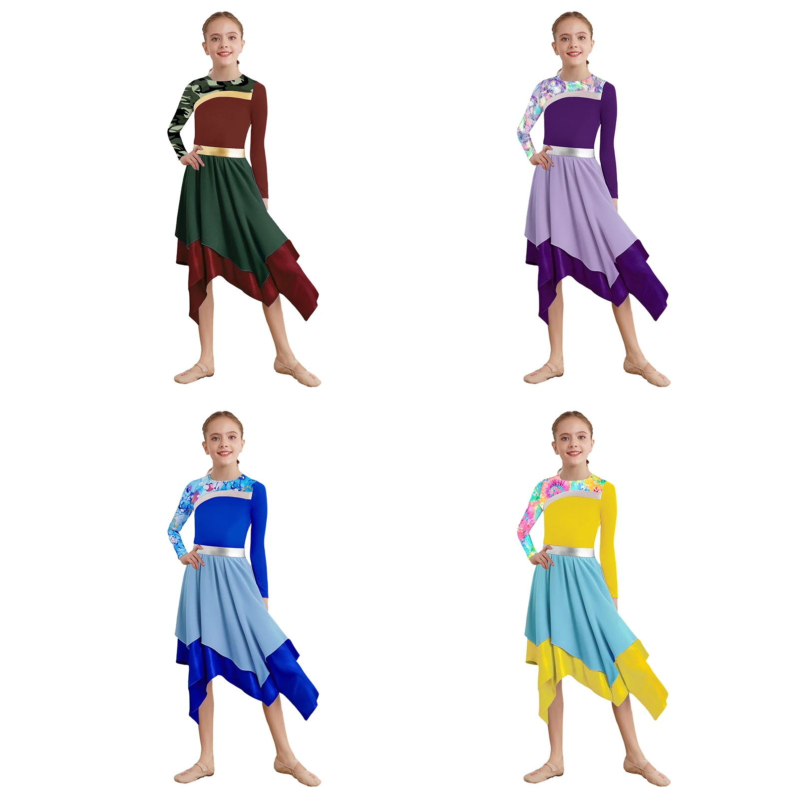 Kids Girls Liturgical Praise Modern Lyrical Dance Performance Costume Long Sleeve Zipper Print Irregular Hem Worship Dress Robe
