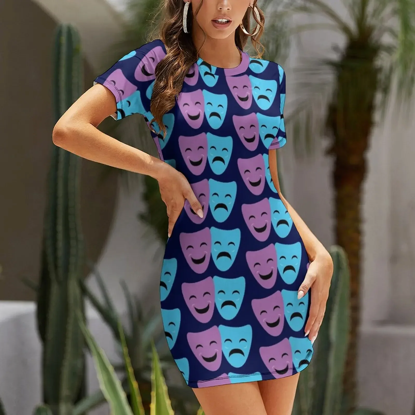 Blue and Purple Comedy and Tragedy Drama Masks Short-Sleeved Dress birthday dresses for women Aesthetic clothing view 3