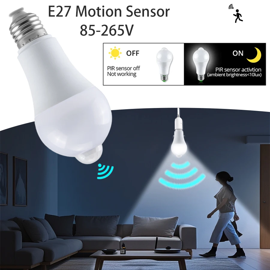 E27 LED Bulb Motion Sensor LED Lamp PIR Sensor Night Light  Auto ON OFF 110V 220V For Security Lights Porch Stairs Garage Closet