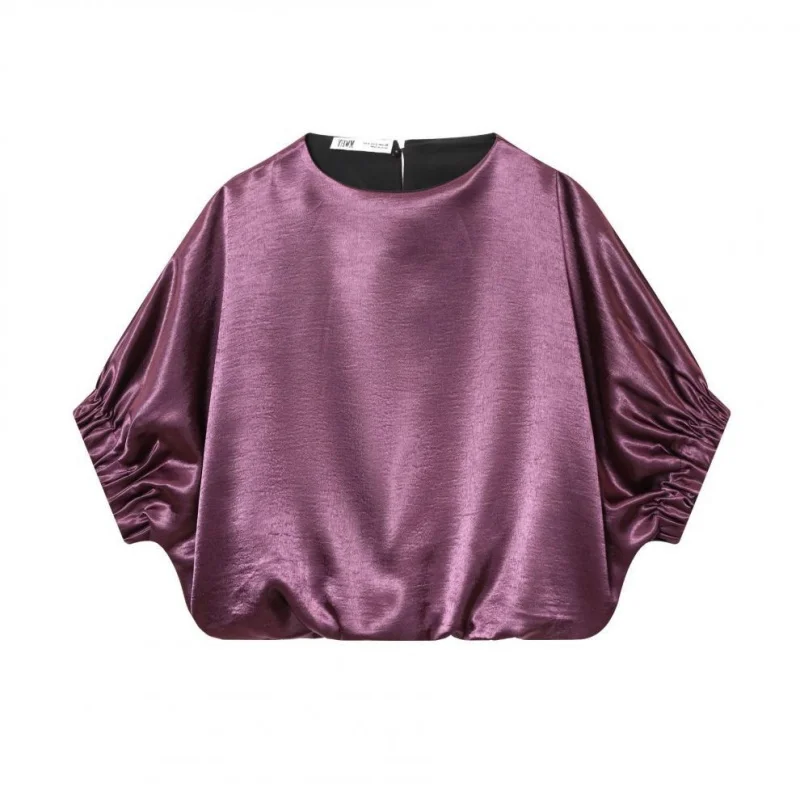 Elegante paarse satijnen kleding voor dames, lente casual top met vleermuismouwen + wijde broek met hoge taille en riem, geschikt voor werk en feestjes