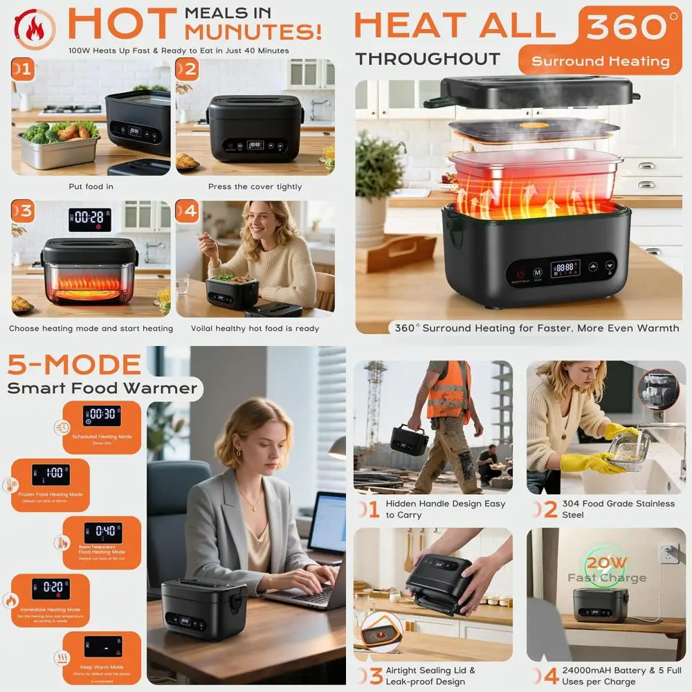 

Беспроводной электрический ланч-бокс для взрослых, аккумулятор 24000 мАч, емкость 1,2 л, портативный подогреватель еды, изолированная сумка в комплекте, идеально подходит для