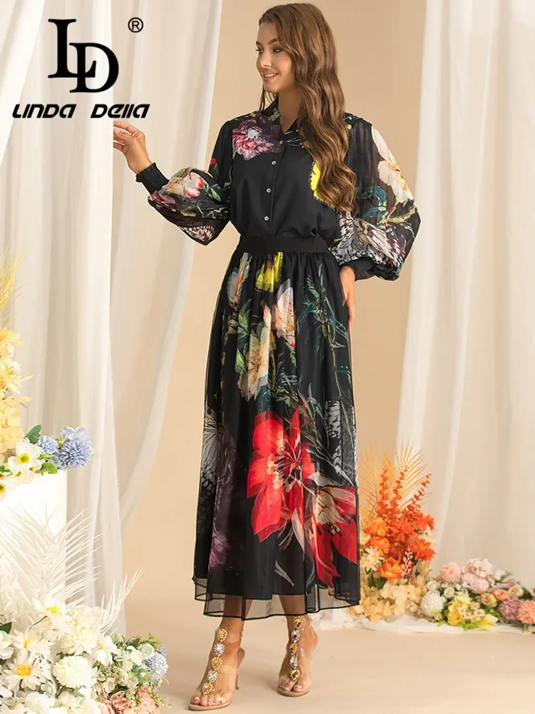 LD LINDA DELLA Autumn Women's Suit Stand Collar Lantern Sleeved Single-Breasted Tops+Elastic Waist Skirt Print 2 piece set - view 4