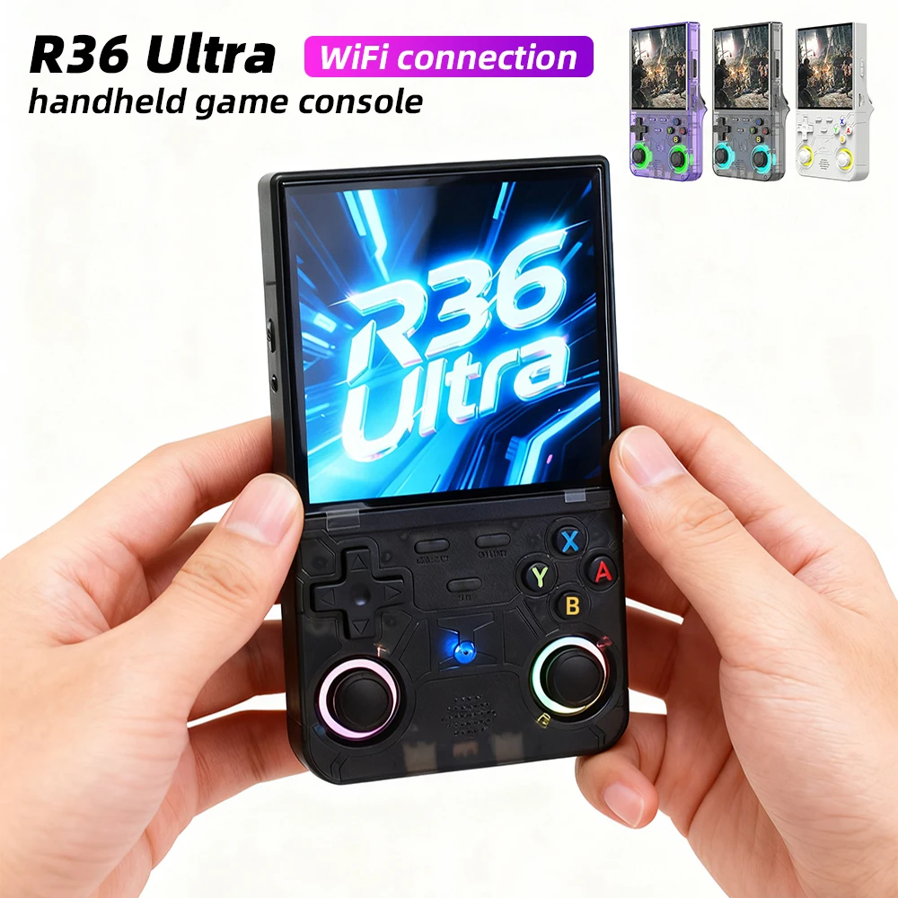 R36 Ultra handheld game controller with built-in 10+emulators, with RGB lighting effects, supports WiFi connection