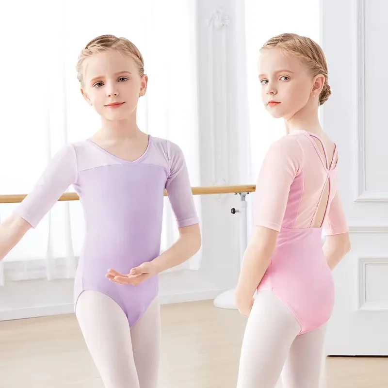 Girls Ballet Leotard Black Mesh Half Sleeve Dance Practice Gymnastics Unitard