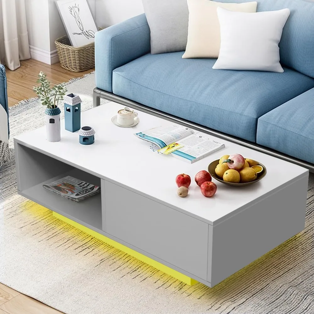 Modern white LED coffee table with drawers and 16 color LED lights, rectangular living room sofa table