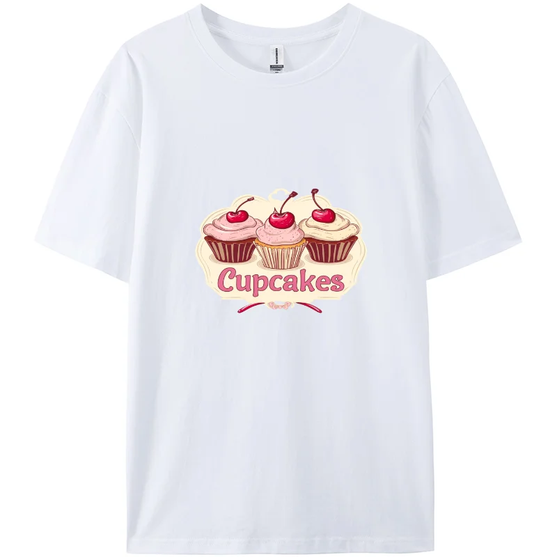 Summer Print T-shirt, Casual T-shirt, Furious Women's Short T-shirt, cream cake pattern, delicious cupcakes, 100% cotton.