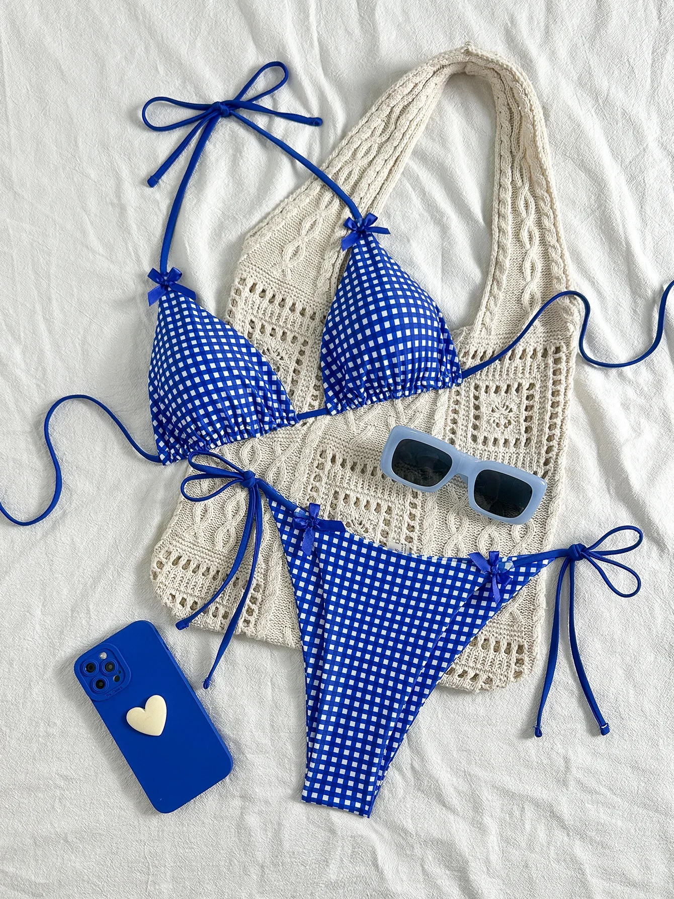 

Women's Bikini Set Ins-Style Picnic Mat Blue and White Plaid Two-Piece Swimsuit, Popular Bowknot Design, Sexy Halter Neck Tie-Up