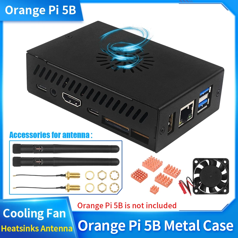 Orange Pi 5B Metal Case with Cooling Fan Active Cooling Optional 2 Antenna Copper Heatsink Metal Protection Box for Orange Pi 5B