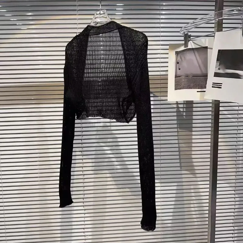 2025 Summer New See Through Cardigan Y2k Long Sleeve Sun Protection Coat Women Simple Slim Fit All-match Knitted Tops
