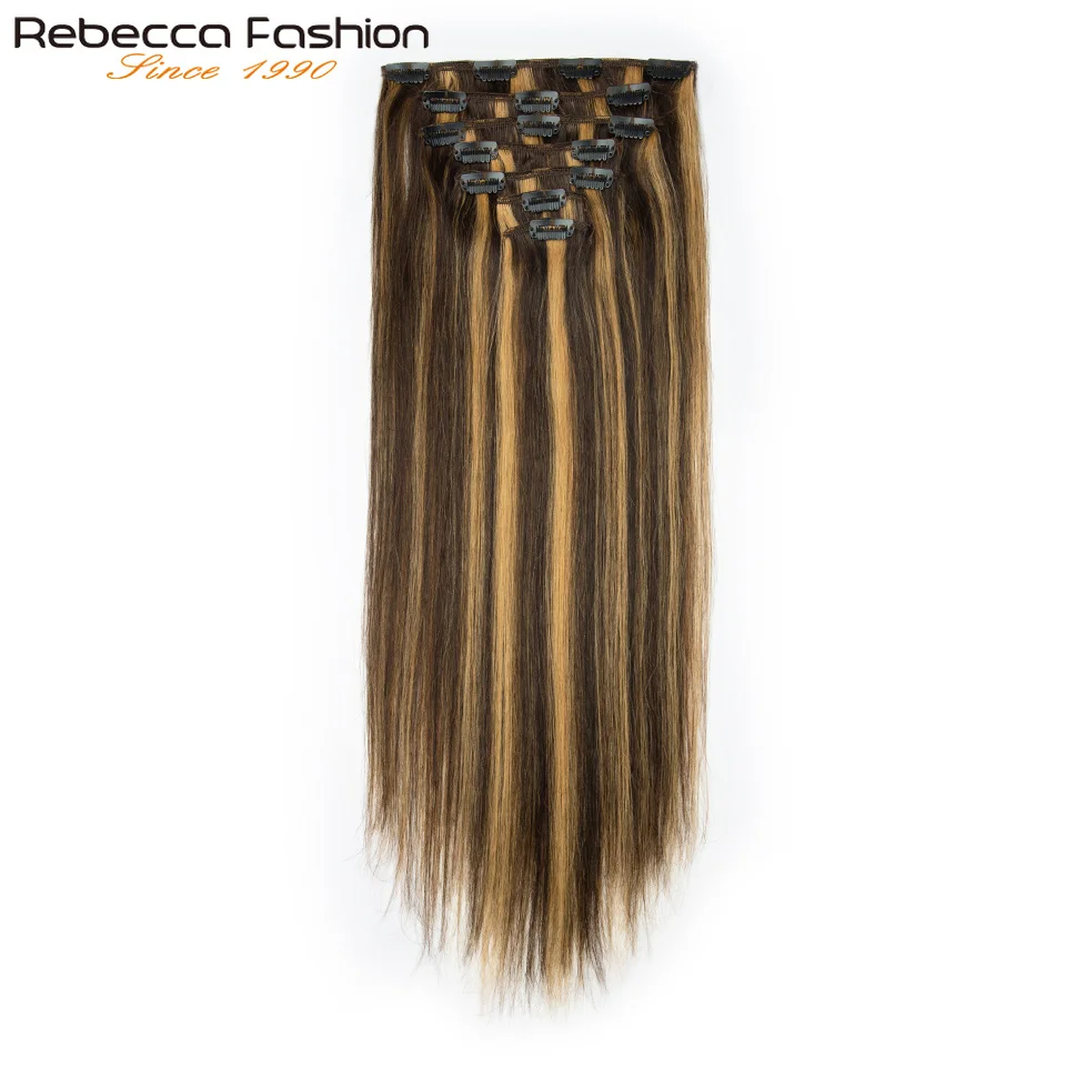 Clip In Hair Extensions Human Hair Clip In For Women Bone Straight Double Weft Hair Extensions 7pcs/Set P4/27 Brown Honey Blonde