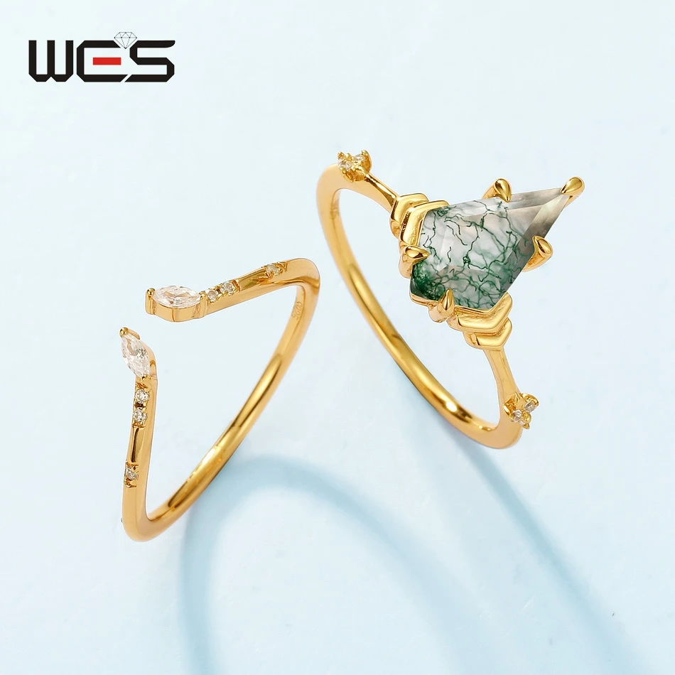 WES Kite Cut Natural Unique Moss Agate Gold Ring for Woman Crown Wedding Engagement Gift For Wife Luxury Jewelry Wholesale