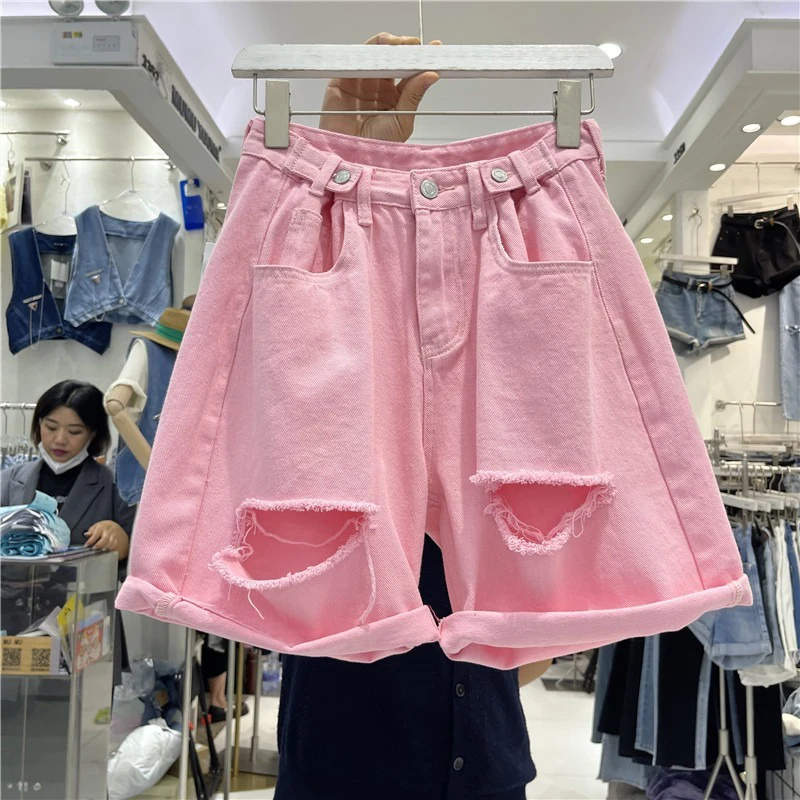 

2025 Casual Loose Pink Female HOLE Denim Shorts Women's High-Waisted Fringe Knit Shorts A-Line Wide Leg Pants