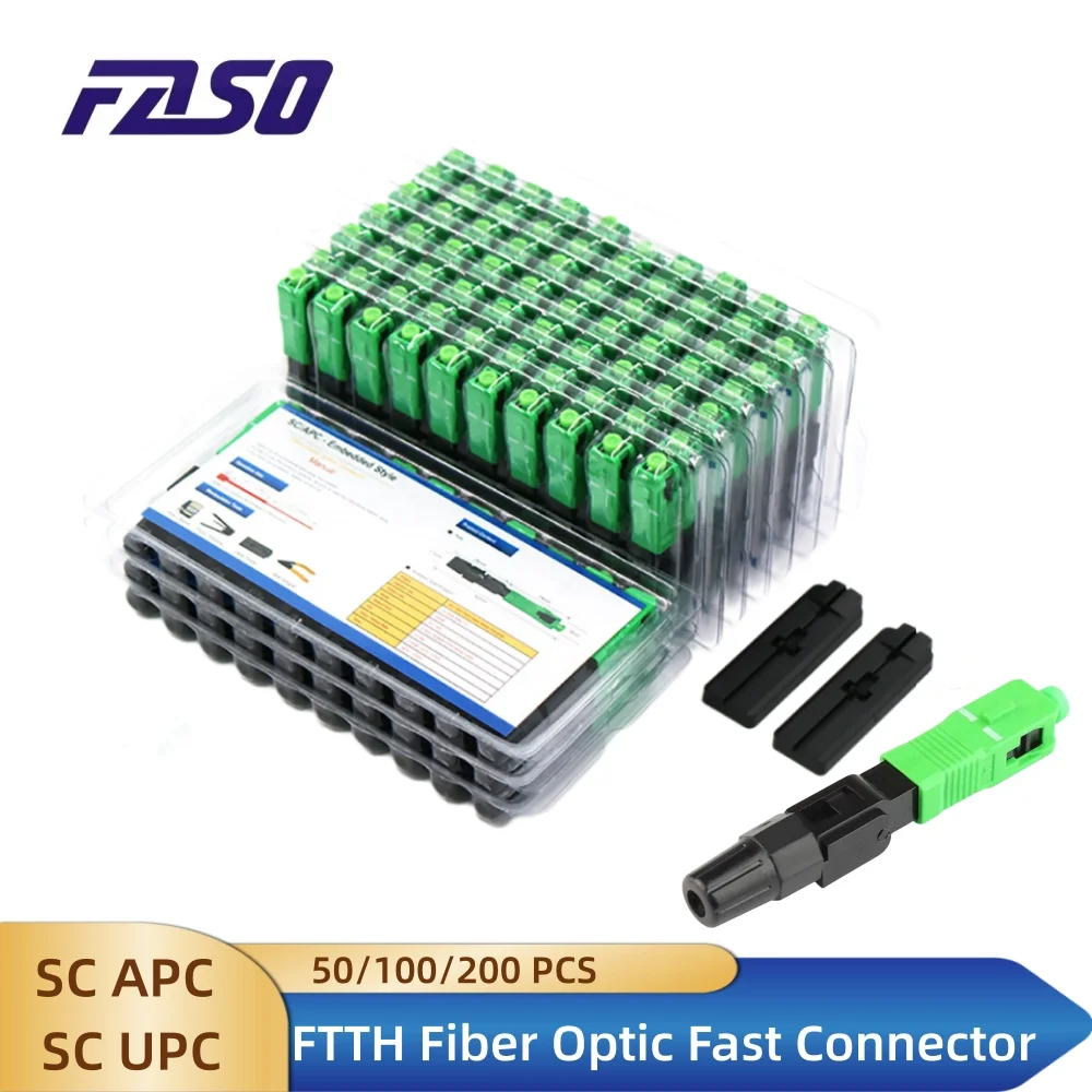 ตัวเชื่อมต่อไฟเบอร์ออปติก SC APC Singlemode ตัวเชื่อมต่อไฟเบอร์ออปติกแบบฝังตัวแบบใช้ซ้ำได้ 58 มม. FTTH Tools Cold Light Connector 50 / 100 Fast Field Assembly ชุดอะแดปเตอร์ FTTH Optical Cold Connector