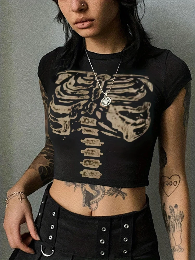 New into the women's fashion Y2K American retro dark wind gothic skull print short tight tops