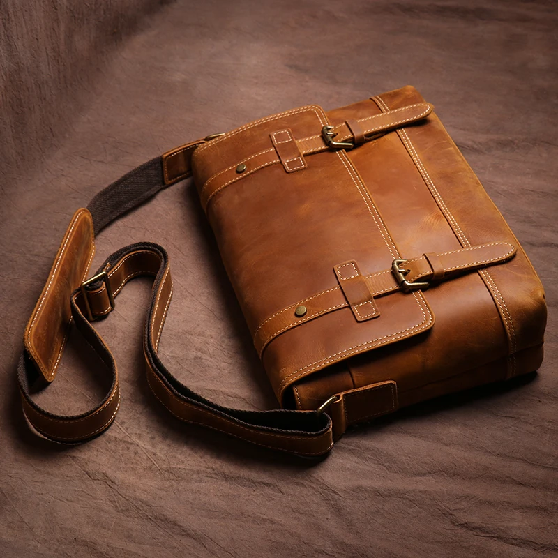 Guro Heren Retro Messenger Bag Gek Paard Lederen Aktetas Hoge Kwaliteit Schoudertas Luxe Crossbody Voor 12.9 Inch Ipad