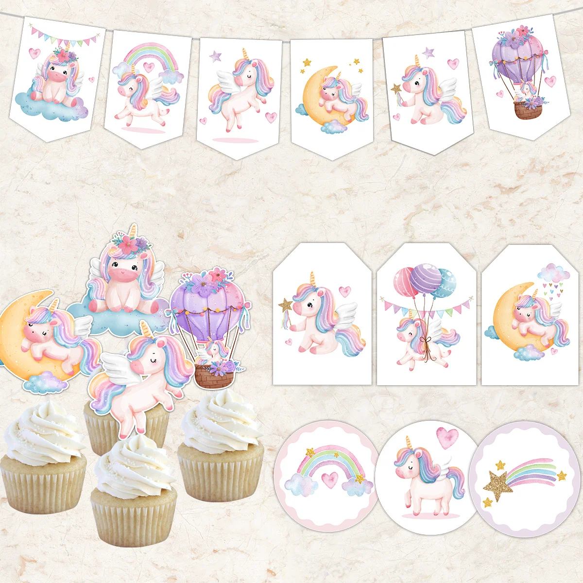 1Set Karton Einhorn Serie Papier Cupcake Topper Aufkleber Hängen Tags Für Baby Dusche Einhorn Geburtstag Party Dekoration Lieferungen