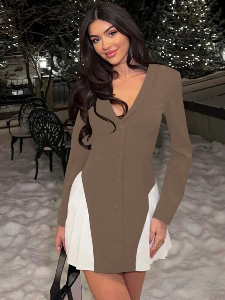 Robe Blazer courte en Patchwork pour femmes, Chic, manches longues, vêtements féminins, simple boutonnage, robes de soirée plissées, Streetwear, automne 2025