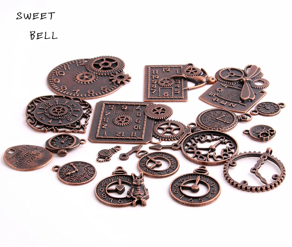 SWEET BELL 20pcs 2 Color Vintage Metal Zinc Alloy Mixed Clock Pendant Charms Steampunk Clock Charms For Diy Jewelry Making