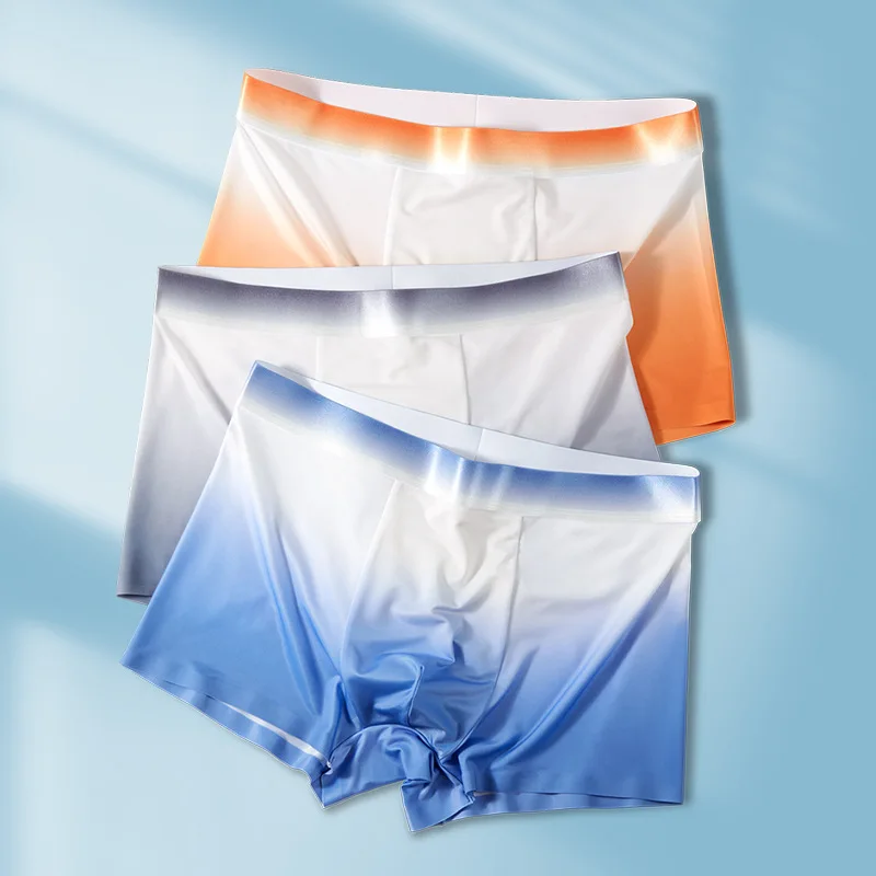 New Ice Silk Men Underwear Ultra-thin Seamless Mens Gradient Color Boxer Shorts Breathable Sexy 3D Pouch Male Panties Underpants