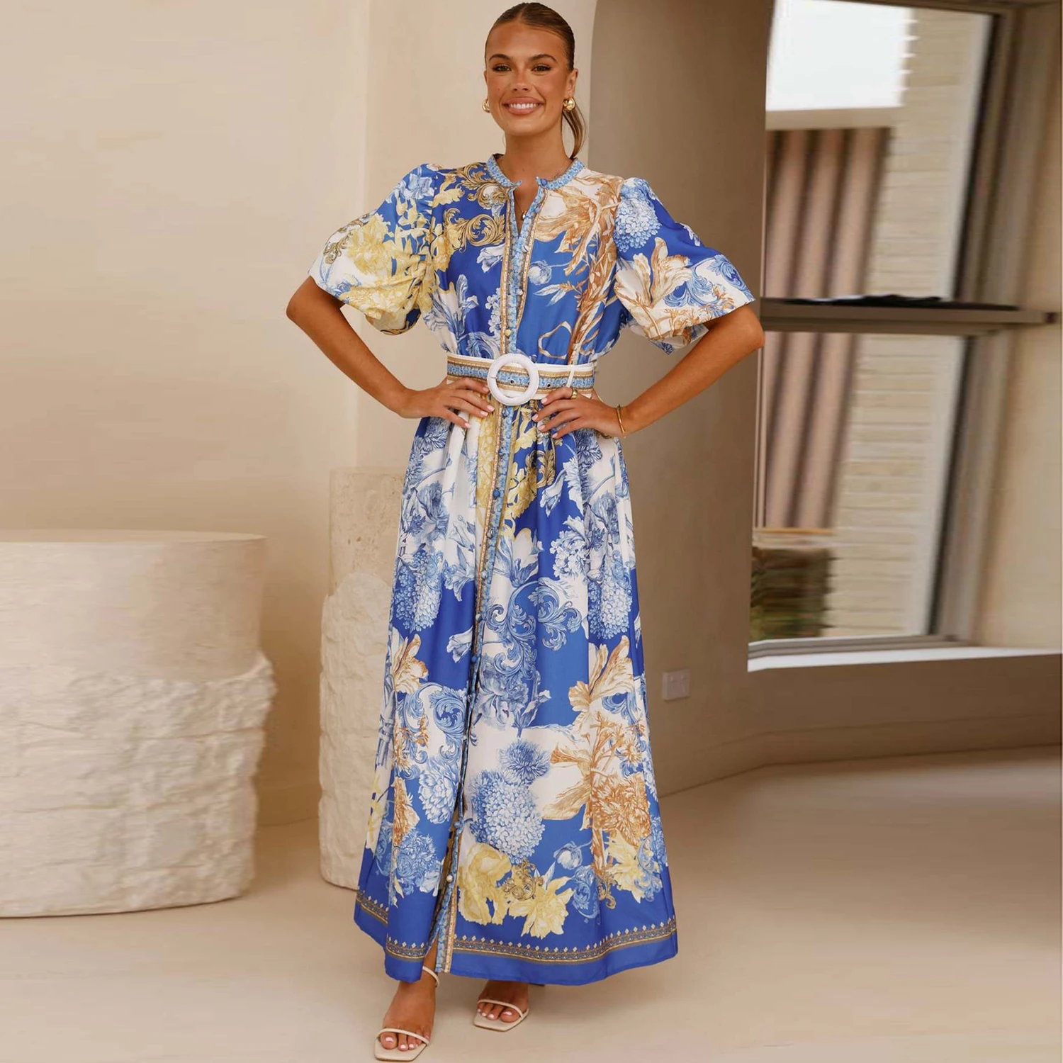 

Women Vintage Elegant Stand Collar Floral Print Single Breasted Belt A Line Long dress