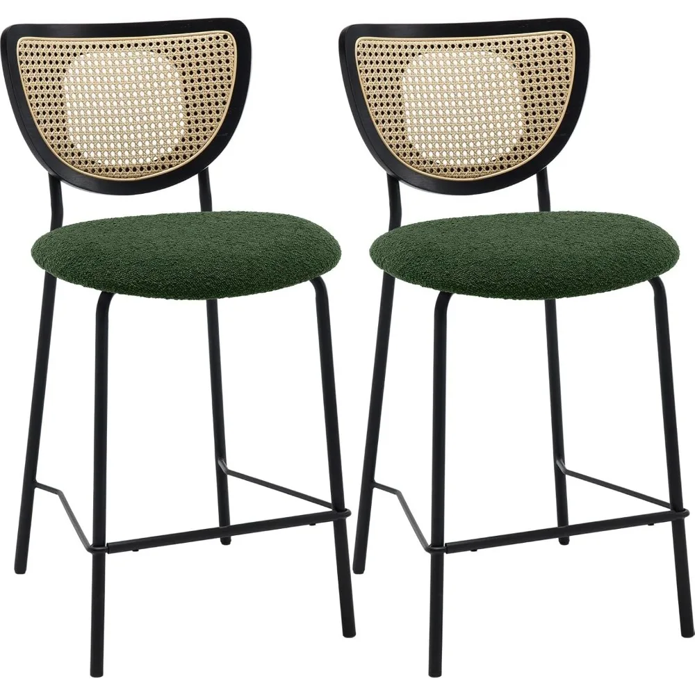 

Bar Stools Set of 2, 26" Counter Height Bar Stools for Kitchen Island, Mid Century Modern Kitchen Stools with Rattan Back, Boucl