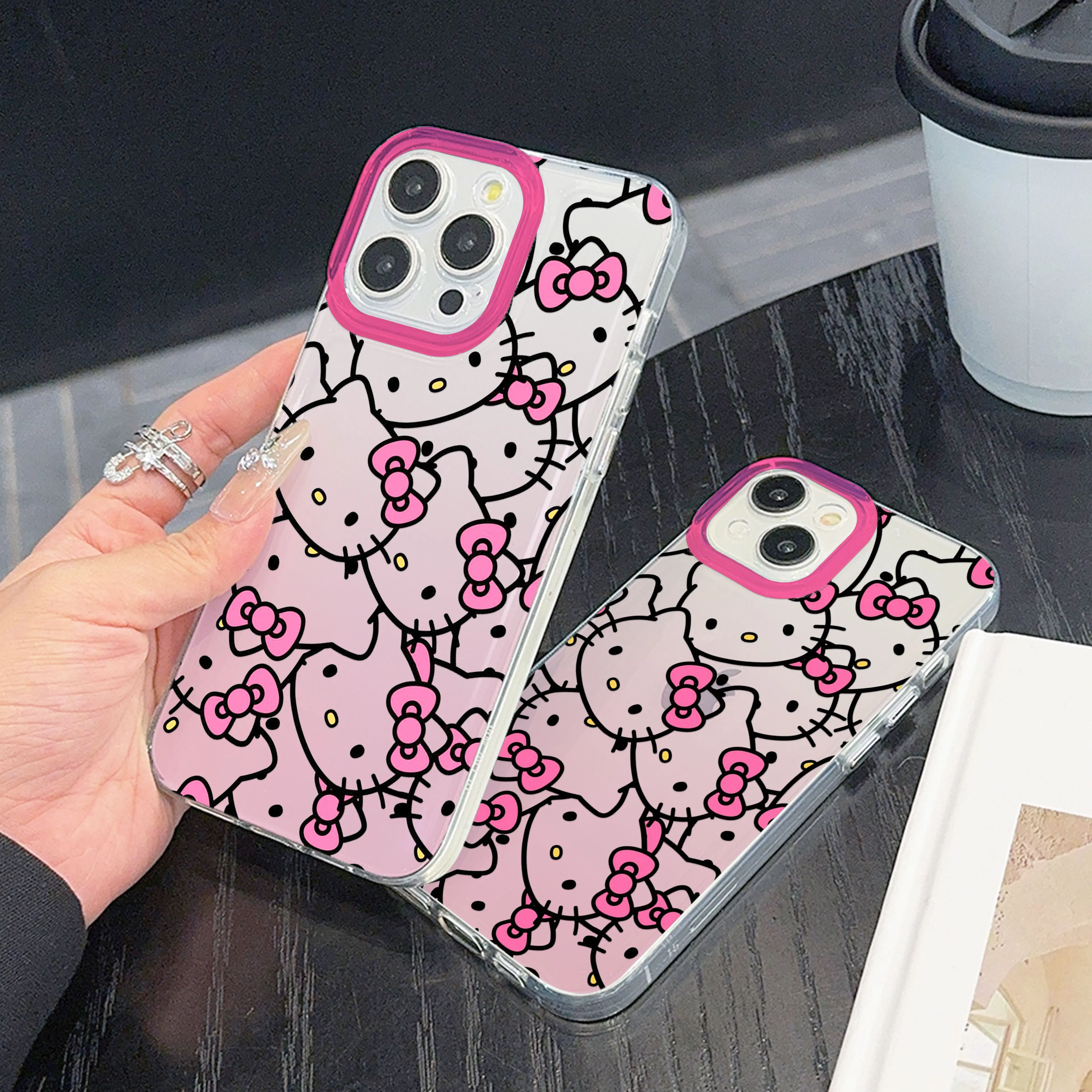 Gradient Pink Hello Kitty Clear Space Phone Case For iPhone 11 12 13 14 15 16 Pro Max Mini X Xs XR 7 8 plus Transparent Cover