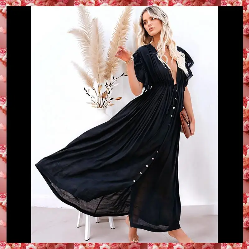 فستان شاطئ صيفي كاجوال للنساء، فستان طويل مكشكش بأزرار سفلية، فستان بوهو طويل