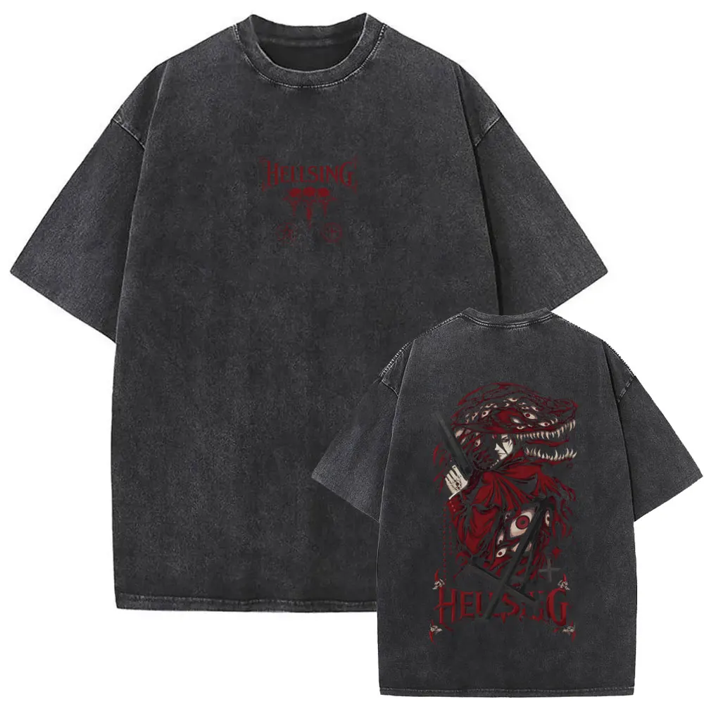 

Anime Hellsing Vintage Washed T-shirts Vampire Alucard Merch T-shirt Men's Women Manga Gothic Oversized Short Sleeve T Shirts