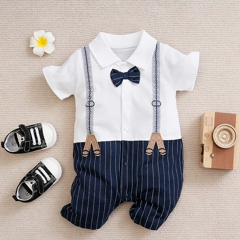 Newborn BabyBoy Children\'s Clothing Jumpsuit Casual Bow Gentleman Fake Shoulder Strap Cotton Summer White Short Sleeved Jumpsuit