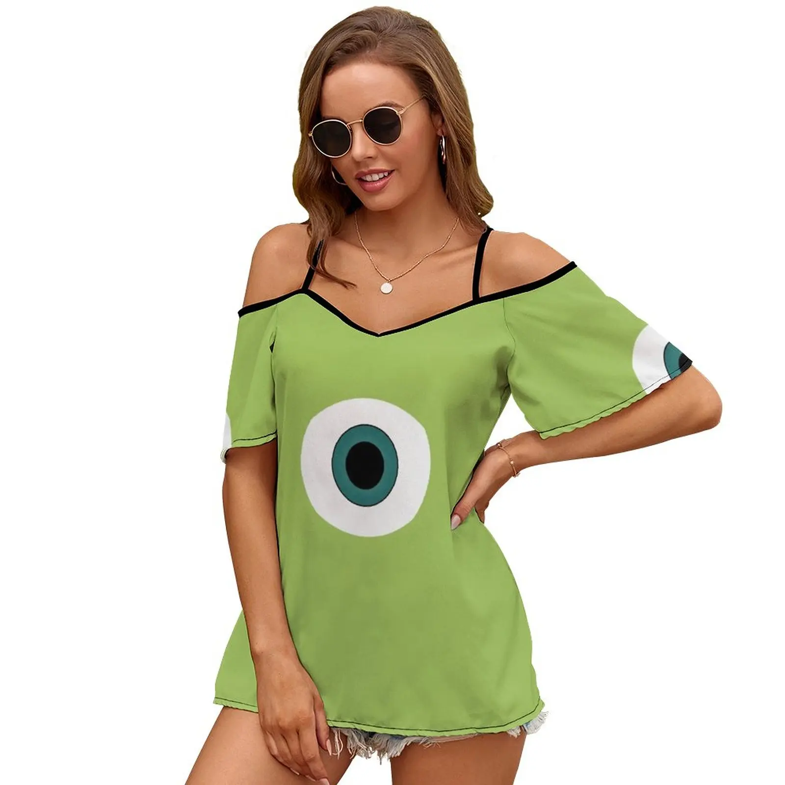 Mike Monster New Fashion Zip Off Shoulder Top Short-Sleeve Women Shirt Mike Pixar Monster Monsters Inc University Sully Pixar