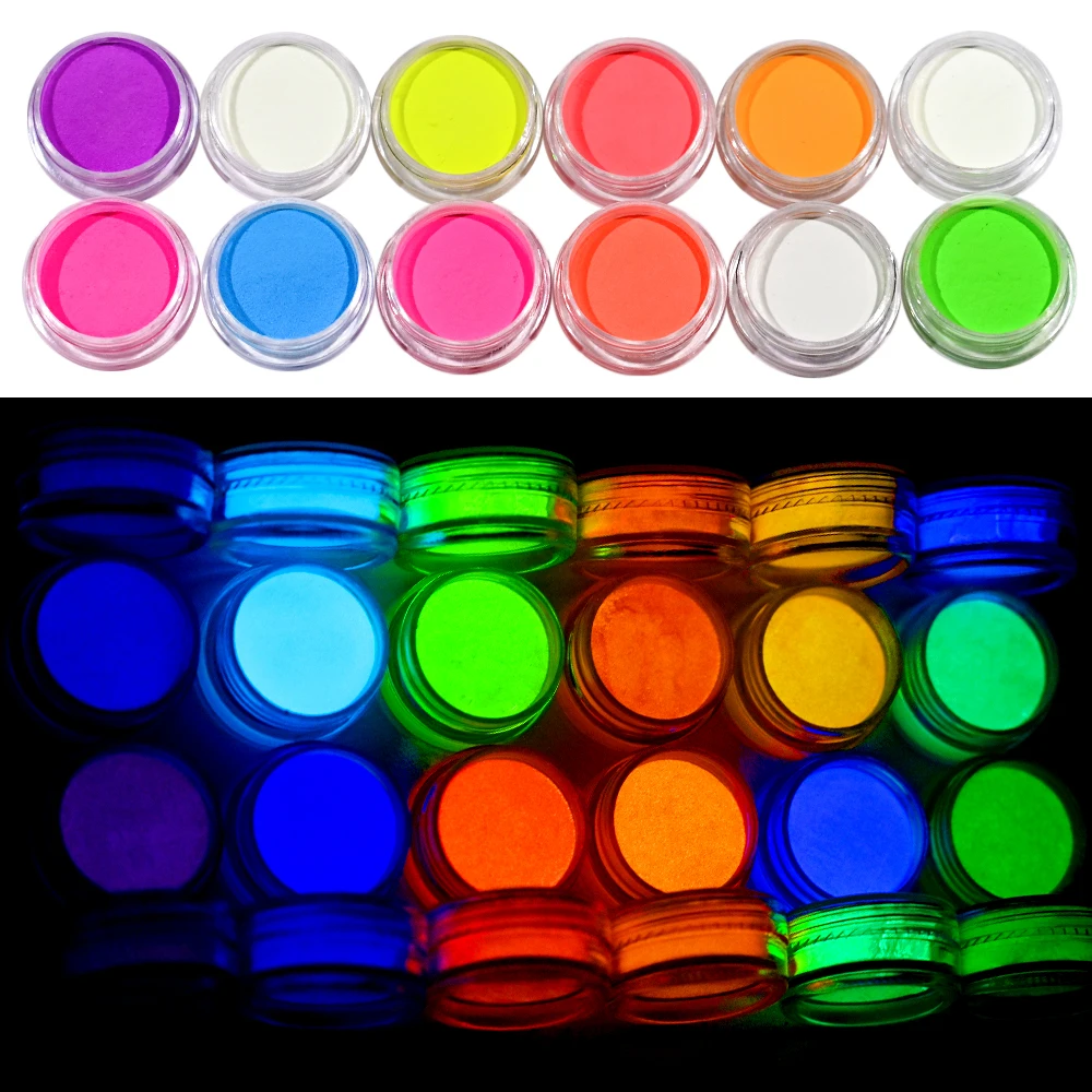 12pcs/Set Phosphor Luminous Powder Pigment Bright Luminescent Powder Glow In The Dark Colorful Glitters Gel Polish Decoration *#