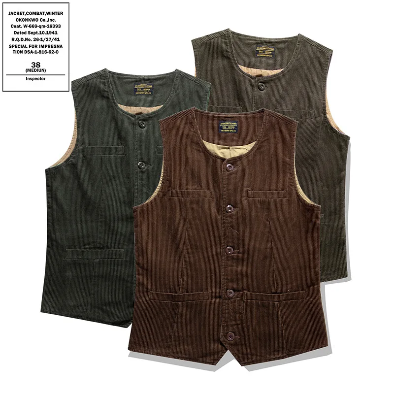 

Autumn Winter New Thick Corduroy Vest Men Jackets European American Vintage Solid Multi-Pocket Railway Cargo Vest Sleeveless Top