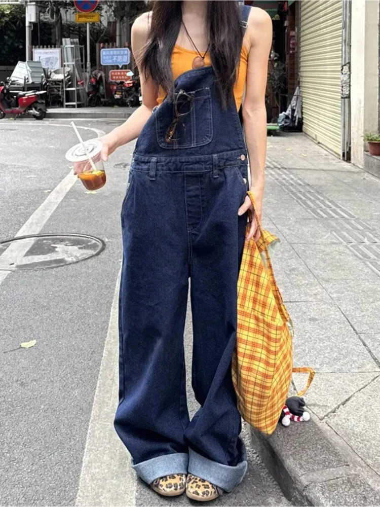 

Deep Blue Denim Overalls Summer Anti-Aging Wide Leg Pants High Waist Straight Cut Loose Fit plus Size Women's Casual Jeans